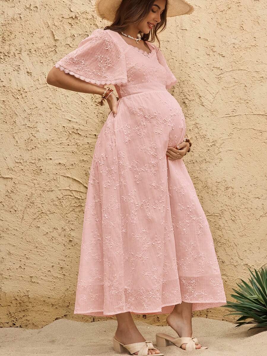 Boho Mama 孕妇纯色休闲短袖连衣裙 - 淺粉色 - 查看 1