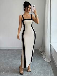 Rafferiza 女士优雅时尚撞色修身开衩吊带连衣裙 - 米色 - 查看 3