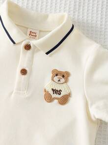 Cozy Pixies 2 Peças Conjunto de Moletom com Zíper Parcial de Manga Longa e Estampa de Urso Cartoon para Menino Bebê e Calça Elástica de Cor Sólida - Azul marinho - Visão 3