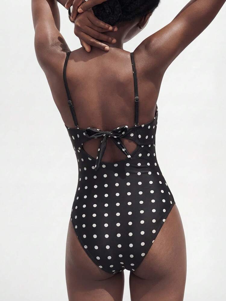SHEIN Maija Women's Polka Dot Print Camisole One Piece Swimsuit Vintage Swimsuit Polkadot Bikini Polka Dot Swimsuit Polka Dots Bathing Suit Bathing Suits For Women Polka Dot Women's Swimsuits Women's Bathing Suit Full Coverage Polka Dot Swimsuit One Piece One Piece Swimsuit Women