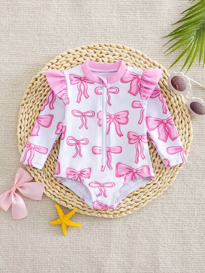 SHEIN Newborn Baby Swimwear,Cute Pink Bow Print Knit Long Sleeve One-Piece With Flounce Shoulder Triangle Bottoms,Summer Vacation Beach Pool Holiday Party