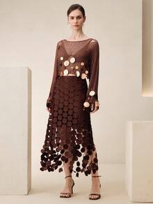 Anewsta Women's Elegant Handmade Mesh Knit Beaded Top - Coffee Brown - View 6