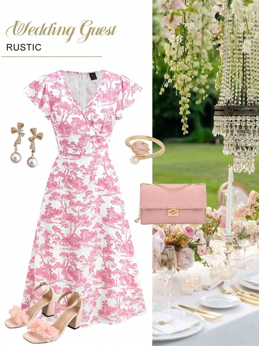 Ellevyn Đầm voan in họa tiết dài ngang gối dành cho nữ - Hồng - Xem 1