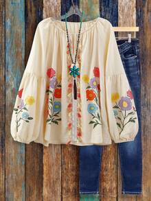 SHEIN LUNE 大码女式法式休闲优雅印花长袖衬衫 - 杏色 - 查看 1