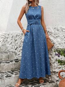 Solivie 女士植物图案圆领无袖休闲口袋连衣裙 - 藍色 - 查看 4