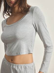 Ocili Women's Comfortable Solid Color Long Sleeve Top And Frill Trim Shorts Pajama Set, Summer - Grey - View 4