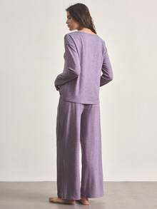 Ocili Minimalist Comfortable Collarless Soft Pajama Set For Women - Mauve Purple - View 3
