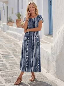 EMERY ROSE Women's Vacation Geometric Stripe Round Neck Batwing Sleeve Casual Long Dress - Navy Blue - View 5
