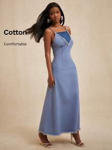 NYA SZN Đầm denim hai dây nữ kiểu dáng thanh lịch, phối tua rua, thắt eo, thích hợp cho các buổi tiệc và tụ họp. - Rửa trung bình - Xem 1