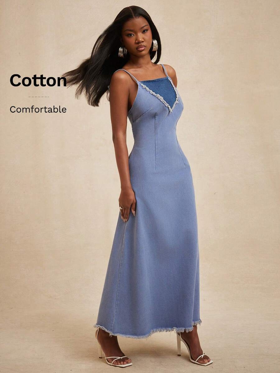 NYA SZN Đầm denim hai dây nữ kiểu dáng thanh lịch, phối tua rua, thắt eo, thích hợp cho các buổi tiệc và tụ họp. - Rửa trung bình - Xem 1