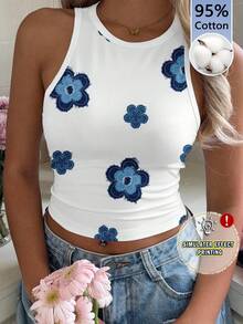 SHEIN EZwear Áo tank top nữ cổ tròn ôm sát, in họa tiết toàn thân, phong cách tối giản, chất liệu 95% cotton, thích hợp cho mùa hè. - Nhiều màu - Xem 1
