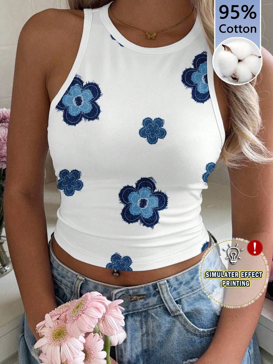 SHEIN EZwear Áo tank top nữ cổ tròn ôm sát, in họa tiết toàn thân, phong cách tối giản, chất liệu 95% cotton, thích hợp cho mùa hè. - Nhiều màu - Xem 1