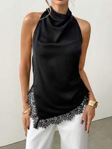 Ritzy Row Top halter de seda negra con delicado ribete de encaje, diseño de escote en V, elegante top de tirantes para damas, sexy y elegante para uso diario - Negro - Ver 4