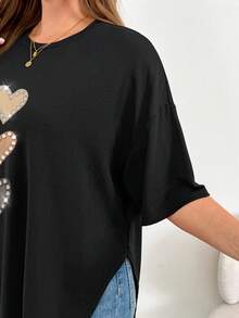 SHEIN Essnce Heart Print Hem Slit Plus Size T-Shirt - Multicolor - View 6