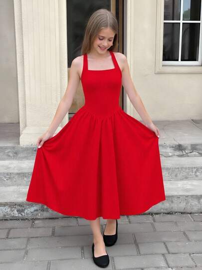 Đầm bé gái, chất liệu vải dệt kim, cổ yếm, màu đỏ, thích hợp mặc hàng ngày và dự tiệc, hàng mới về mùa xuân/hè.