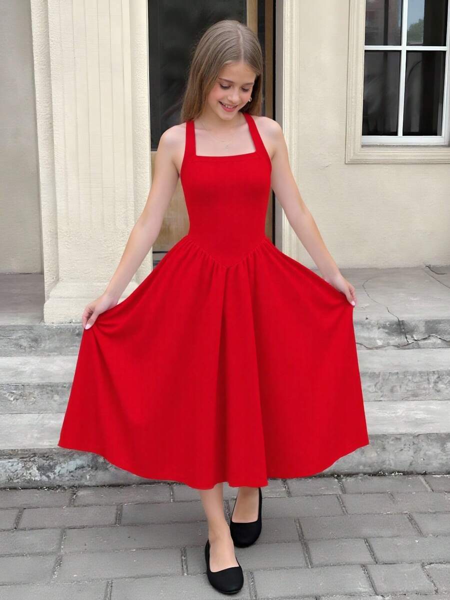 Đầm bé gái, chất liệu vải dệt kim, cổ yếm, màu đỏ, thích hợp mặc hàng ngày và dự tiệc, hàng mới về mùa xuân/hè. - Đỏ - Xem 1