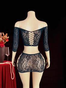 Women's Sexy Hollow Out Mesh Sheer Bodysuit 2 Pieces Set - Black - View 2