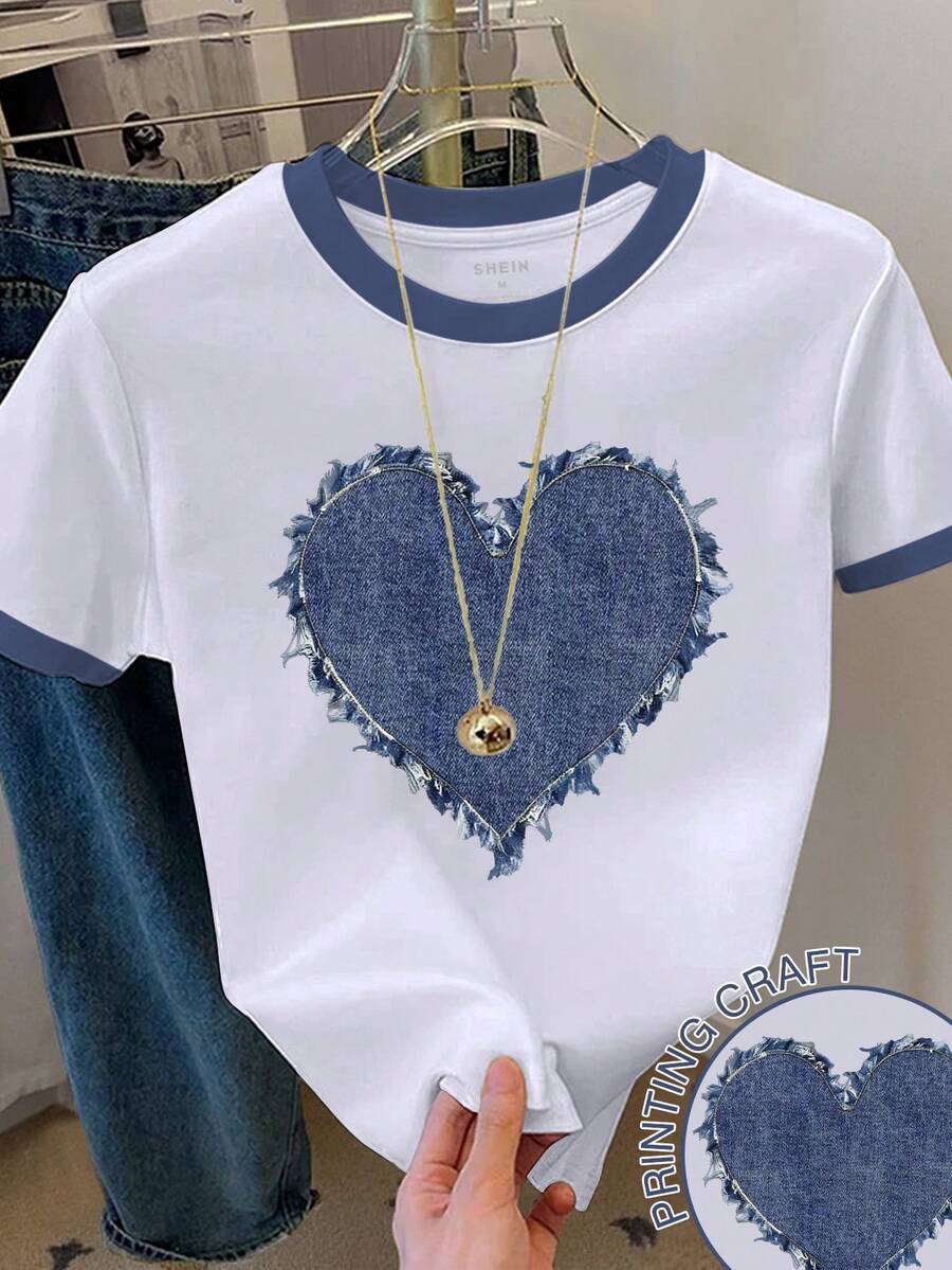 Resyla Women's Casual Heart Print Round Neck Short Sleeve T-Shirt, Summer - White - View 1