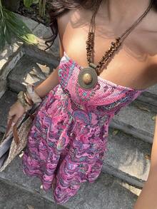 Sunnyshic 时尚休闲度假风无肩带收腰喇叭裙设计，色彩缤纷的欧美性感女士夏季新款连衣裙 - 彩色 - 查看 1