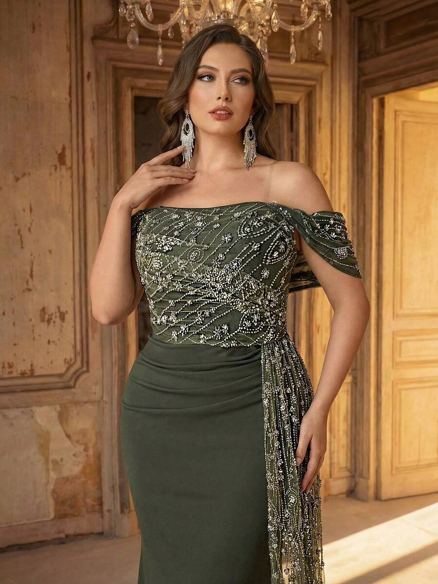 Aureia 加大码优雅浪漫橄榄绿网纱亮片鱼骨装饰超大A字裙，适合婚礼、派对、庆典、正式活动、宴会等场合穿着。 - 橄欖綠 - 查看 1