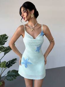 Firerie Đầm mini màu xanh da trời nhạt, thanh lịch, tinh tế, lãng mạn dành cho nữ, thích hợp cho kỳ nghỉ biển, tiệc tùng, lễ hội âm nhạc, sinh nhật, họp mặt. Chất liệu dệt kim đính sequin hình sao biển, cổ xếp ly, dáng chữ A, màu xuân/hè. - Màu xanh lam - Xem 8