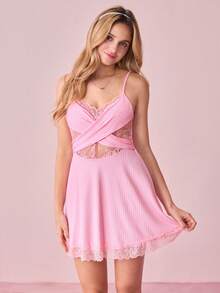 SHEIN 甜美蕾丝拼布女士睡衣，柔和色调 - 粉色 - 查看 3