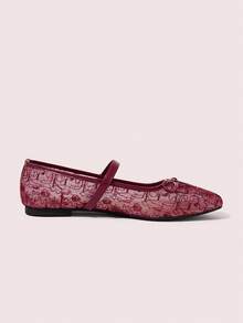 CUCCOO DOLLMOD Women's Wine Red Mesh Embroidered Floral Pattern With Cute Bow Decor French Style Breathable Mary Jane Flat Shoes, Mesh Material Suitable For Spring And Summer - Burgundy - View 3