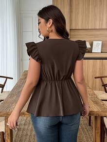Weeklong Plus Size Women Casual/Vacation/Commute Lace Ruffle V-Neck Cap Sleeve Blouse - Brown - View 2