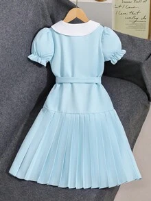 SHEIN Girls Back To School Summer Elegant Pleated Dress Tween Textured Fabric Hem Midi Length Flowy Fabric - Blue - View 2