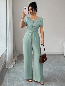 Elegant Women's Wide-Leg Jumpsuit With Round Neck, Long Sleeves, Twisted Waist And Wooden Bead Decoration In Khaki For Everyday Wear - 薄荷綠 - 查看 3