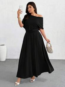 Firerie Đầm cỡ lớn màu trơn, vai lệch, kiểu dáng tối giản, thường ngày. - màu đen - Xem 1