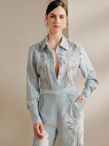 Anewsta Elegant Hollow Embroidered Lace Casual Outgoing Holiday Outfit, Unique Design, Women 2 Pieces Set - Blue - View 6