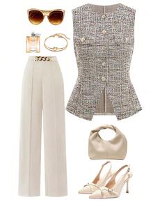 Ellevyn Elastic Wool Sleeveless Top With Metal Buckle, Elegant Office Shirt - Multicolor - View 1