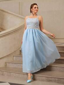 VOLUPTÉ CURVE Plus Size Summer Sky Blue Lace Cinched Waist Patchwork Spaghetti Strap Top Fairy Elegant Long Dress For Engagement Partys, Parties, Prom, Graduation - Blue - View 6