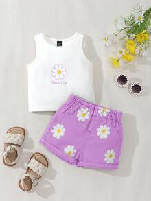 SHEIN Playful Pals 女婴吊带短裤套装 春夏新款 甜美清新雏菊印花无袖上衣 紫色短裤 舒适优质棉质 日常基础款 上学服 度假棉质春夏装 女婴两件套 儿童女童套装 女婴服装 夏季女婴服装套装 春季女童服装 - 紫色 - 查看 4