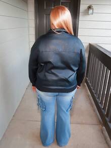 Enliva Plus Size Black Retro Style PU Jacket With Turn-Down Collar, For Winter Faux Leather Jacket Plus Size Leather Jacket, For Apple & Rounded Body Shape - Black - View 2