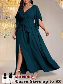 SHEIN CURVE+ 大码女式梭织纯色修身V领喇叭袖系带腰部褶皱开衩优雅派对连衣裙 - 水鴨藍 - 查看 6