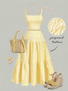 SHEIN MOD 大码女式黄色碎花纹理长款连衣裙两件套，多层荷叶边下摆，适合约会、度假、野餐、海滩等场合，舒适透气。 - 黃色 - 查看 2