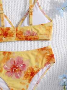 SHEIN Tween Girls' Summer Ditsy Floral Camisole Bikini And Triangle Panty Swimsuit Set, Beach Holiday - Coral Orange - View 7