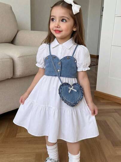 Nuevo conjunto de verano de dos piezas, elegante y de estilo de oficina para niñas: Camiseta corta de mezclilla + Vestido camisa de manga corta de unicolor con bolso de regalo con forma de corazón, adecuado para uso diario, escuela y fiesta