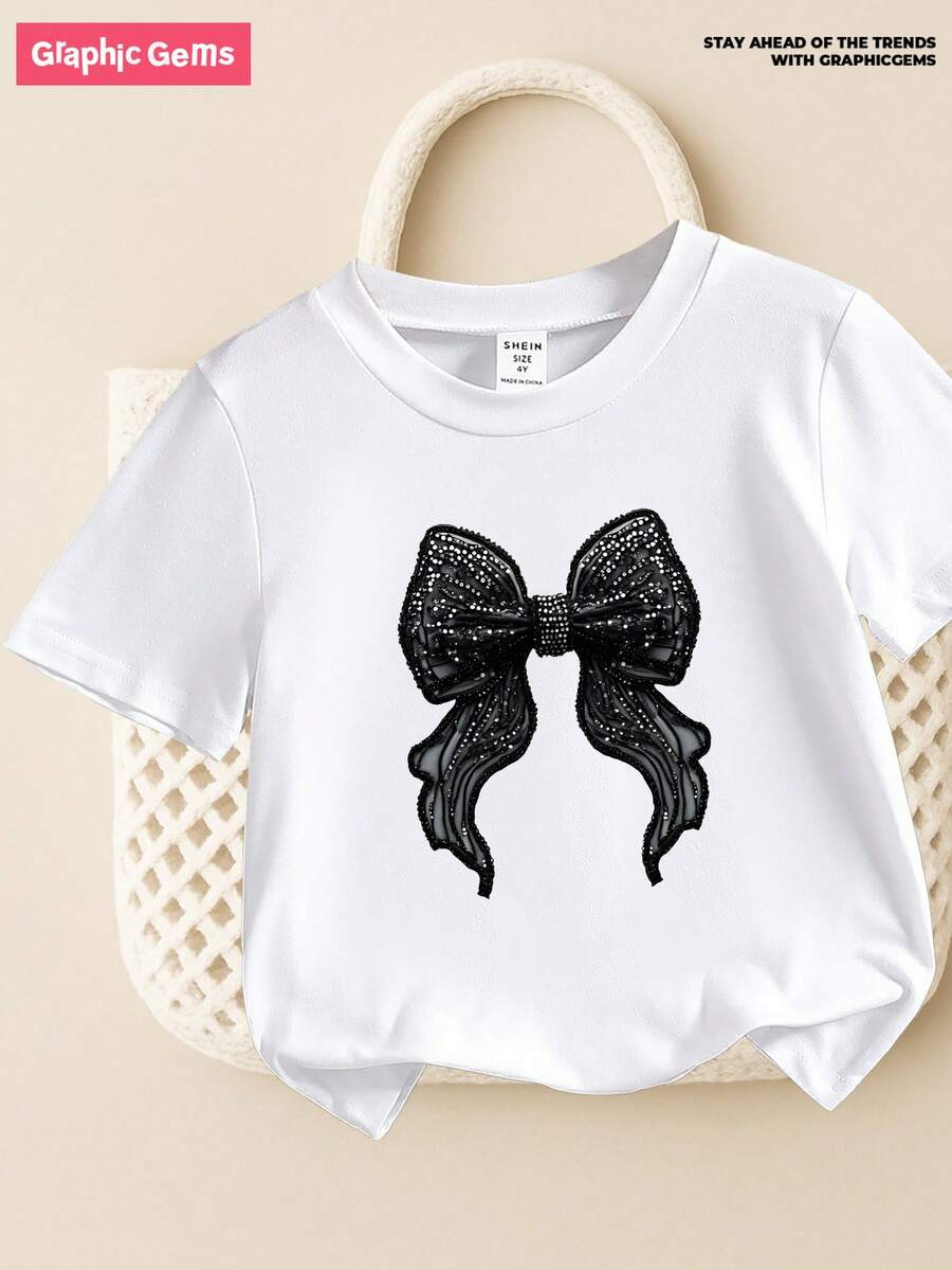 女童黑色蝴蝶结印花圆领短袖T恤，蝴蝶结印花图案T恤，休闲百搭，白色可爱时尚T恤，适合所有季节，8-12岁女童日常穿着。 - 白色 - 查看 1