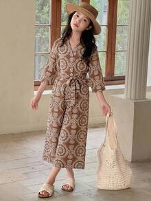 DAZY Tween Girls' V-Neck Tie Front Casual Everyday Jumpsuit - Brown - View 5