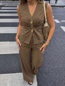 Aloruh Bộ đồ công sở/đi làm thanh lịch tối giản dành cho nữ, chất liệu giả lanh thoải mái, gồm 2 món: áo blazer tay ngắn cổ chữ V hai hàng cúc và quần ống rộng. - màu nâu - Xem 10