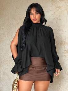 Rustia Blusa asimétrica informal con hombros descubiertos, talla grande, para primavera/verano - Negro - Ver 8
