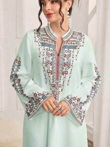 SHEIN Najma 浪漫定位印花加固电脑串珠工艺女士浪漫奢华连衣裙 - 薄荷綠 - 查看 5