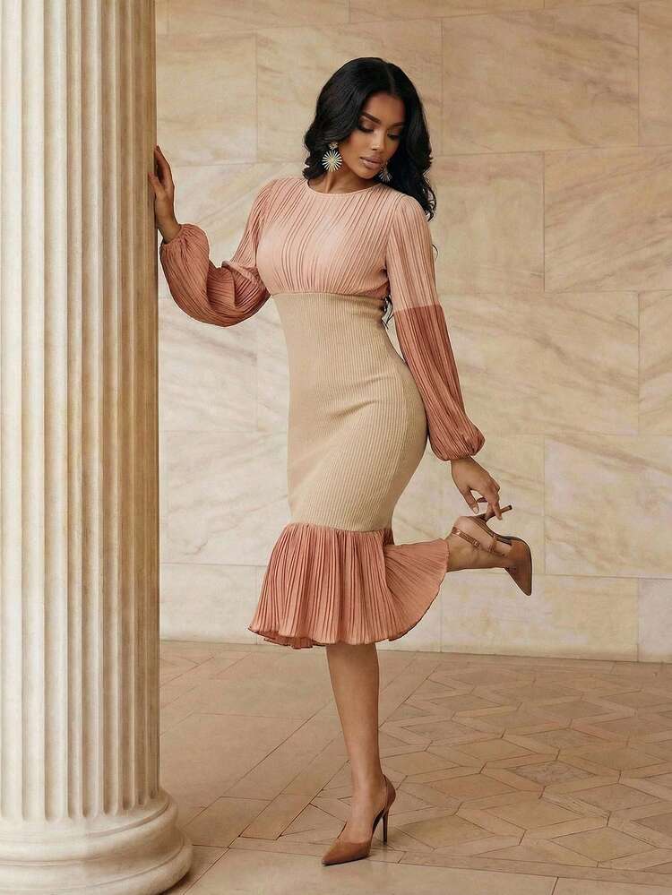 女性用オンブレ プリーツマーメイドドレス、エレガントなカジュアル 多用途 ロングドレス 春夏向け