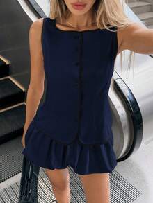 Siren Gaze Conjunto de 2 piezas con top sin mangas con ribete de contraste y minifalda para mujer, conjunto Zoey, atuendo de verano para mujer, vestido, atuendo para crucero en barco, bonito atuendo para mujer - Azul Marino - Ver 4