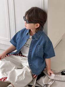 DAZY 男童休闲水洗短袖牛仔上衣 - 中等水洗藍 - 查看 1
