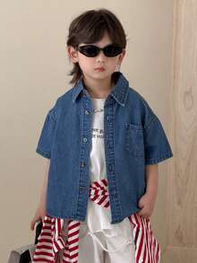 DAZY 男童休闲水洗短袖牛仔上衣 - 中等水洗藍 - 查看 4