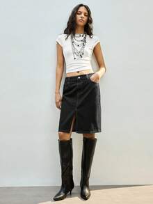 Maija Women's Black Denim Skirt, Midi Length, Simple And Stylish For The Workplace. - Black - View 3
